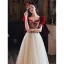 Vintage / Retro Burgundy Printing Prom Dresses 2022 A-Line / Princess Square Neckline Puffy Short Sleeve Backless Bow Floor-Length / Long Prom Formal Dresses