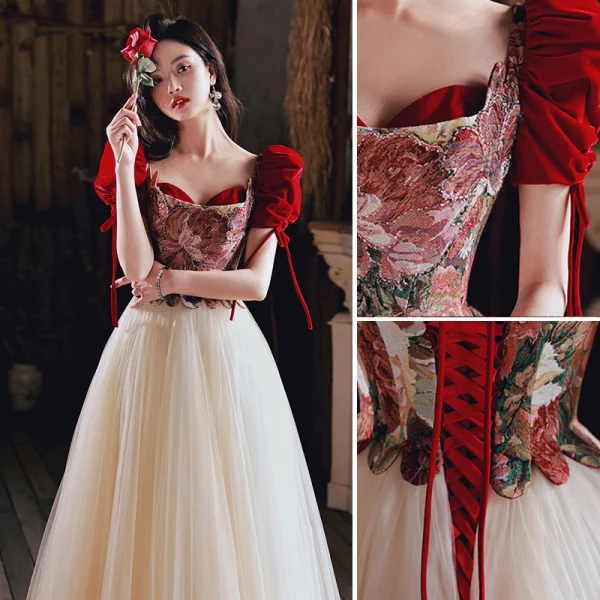 Vintage / Retro Burgundy Printing Prom Dresses 2022 A-Line / Princess Square Neckline Puffy Short Sleeve Backless Bow Floor-Length / Long Prom Formal Dresses