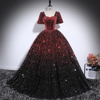 Scintillantes Bordeaux Paillettes Robe De Bal 2025 Robe Boule Encolure Carrée Manches Courtes Dos Nu Longue Robe De Ceremonie