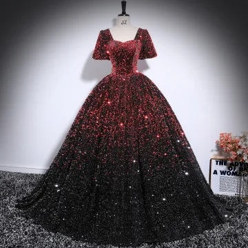Scintillantes Bordeaux Paillettes Robe De Bal 2025 Robe Boule Encolure Carrée Manches Courtes Dos Nu Longue Robe De Ceremonie
