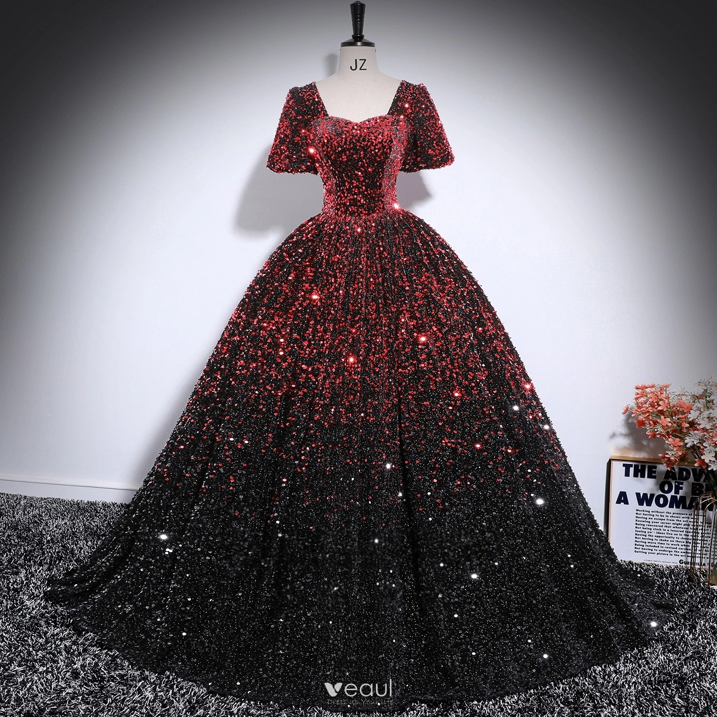 Sparkly Burgundy Sequins Prom Dresses 2025 Ball Gown Square Neckline Short Sleeve Backless Floor-Length / Long Formal Dresses Sparkly Burgundy Sequins Prom Dresses 2025 Ball Gown Square Neckline Short Sleeve Backless Floor-Length / Long Formal Dresses