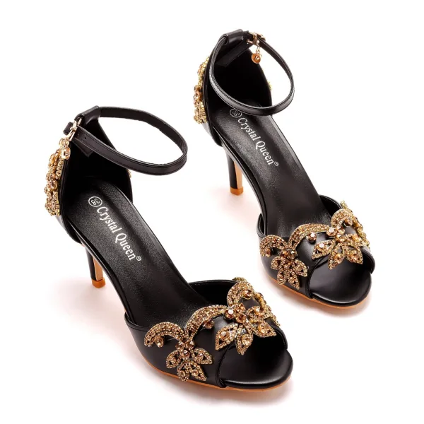 Charmant Schwarz Abend Strass Sandalen Damen 2023 Knöchelriemen 7 cm Stilettos Spitzschuh Sandaletten Hochhackige