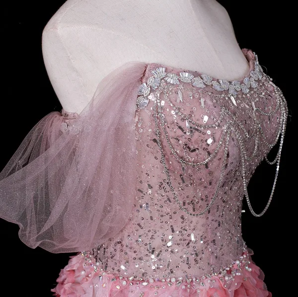 Flower Fairy Blushing Pink Beading Sequins Pearl Rhinestone Appliques Prom Dresses 2026 A-Line / Princess Off-The-Shoulder Short Sleeve Backless Floor-Length / Long Formal Dresses