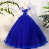 Vintage / Retro Royal Blue Sequins Lace Flower Prom Dresses 2023 V-Neck 1/2 Sleeves Backless Floor-Length / Long Prom Formal Dresses