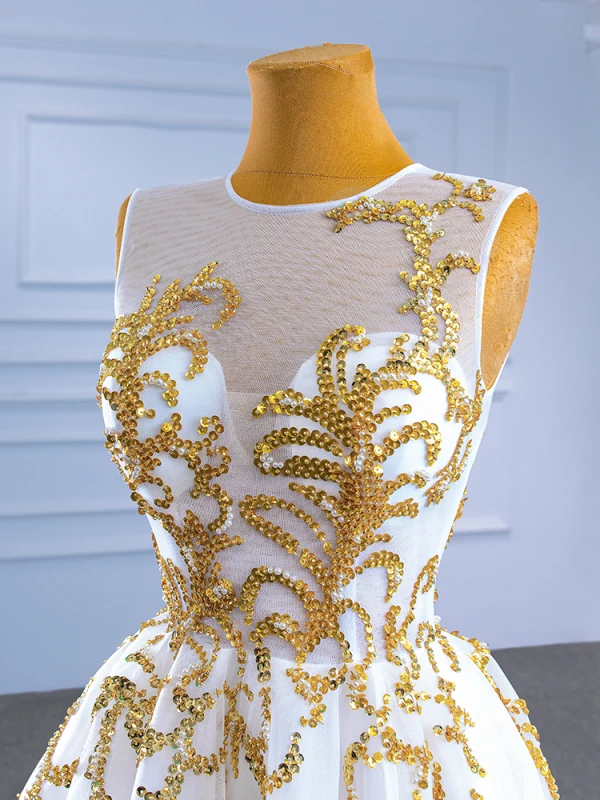 High-end White Pearl Sequins Asymmetrical Wedding Dresses 2022 A-Line / Princess Scoop Neck Sleeveless Wedding