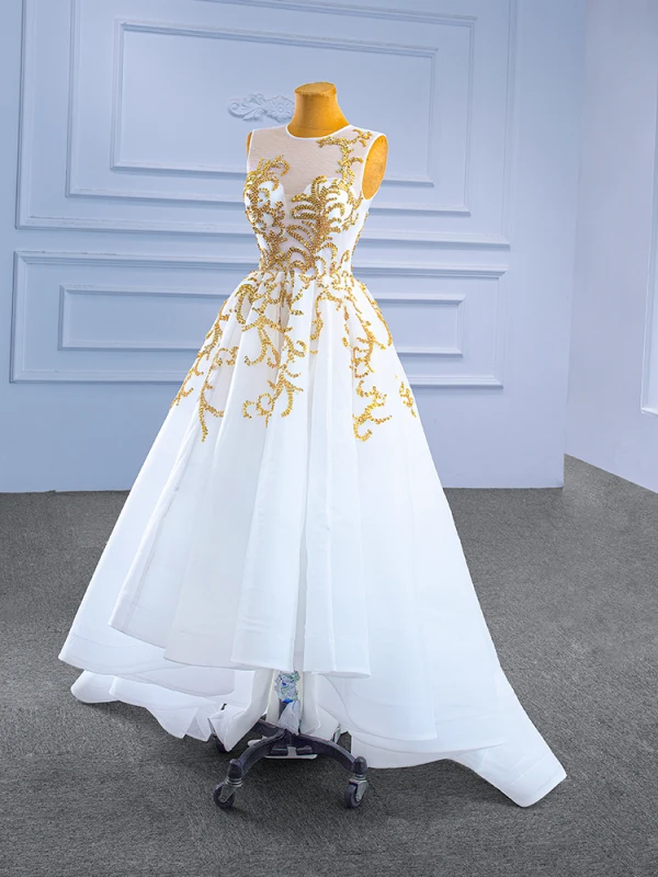 High-end White Pearl Sequins Asymmetrical Wedding Dresses 2022 A-Line / Princess Scoop Neck Sleeveless Wedding