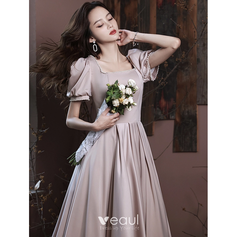 Chic / Beautiful Nude Pearl Homecoming Graduation Dresses 2023 A-Line /  Princess Satin Square Neckline Short Sleeve Backless Floor-Length / Long  Formal Dresses
