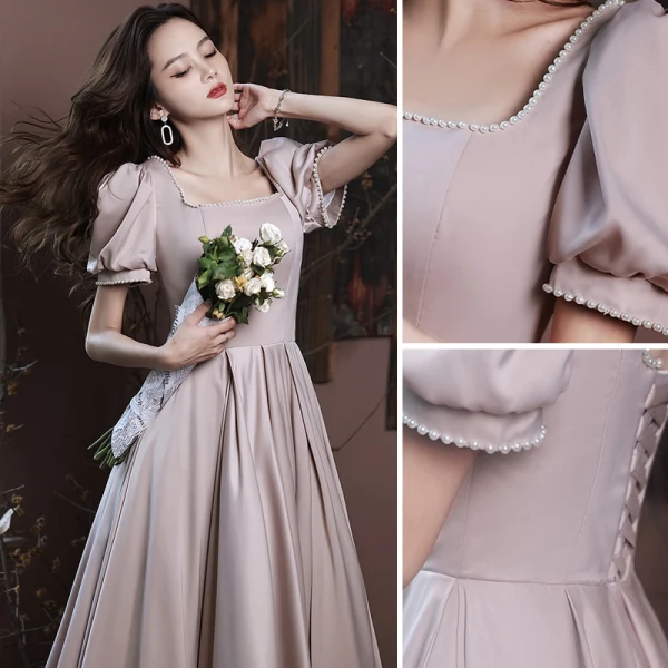 Chic / Beautiful Nude Pearl Homecoming Graduation Dresses 2023 A-Line / Princess Satin Square Neckline Short Sleeve Backless Floor-Length / Long Formal Dresses