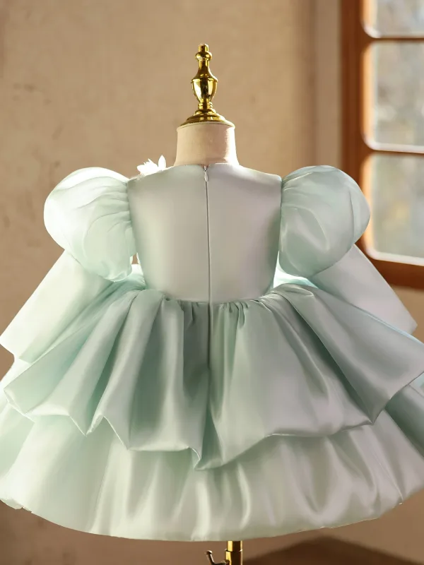 Chic / Belle Vert Cendré Perlage Appliques Paillettes Courte Volants en Cascade Anniversaire Hiver Robe Ceremonie Fille 2025 Robe Boule Encolure Dégagée Gonflée Manches Longues