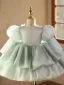 Chic / Belle Vert Cendré Perlage Appliques Paillettes Courte Volants en Cascade Anniversaire Hiver Robe Ceremonie Fille 2025 Robe Boule Encolure Dégagée Gonflée Manches Longues