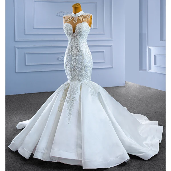 High-end White Trumpet / Mermaid Wedding Dresses 2022 High Neck Sleeveless Beading Rhinestone Tassel Pearl Lace Flower Chapel Train Wedding