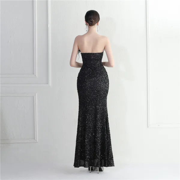 Scintillantes Rougissant Rose Paillettes Fendue devant Robe De Soirée 2024 Trompette / Sirène Bustier Gland Sans Manches Dos Nu Longue Soirée Robe De Ceremonie