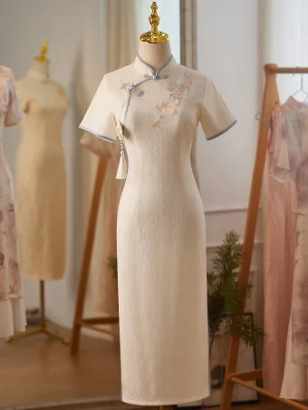 Chinese Style Beige Lace Flower Tea Length Cheongsam 2024 High Neck Trumpet Mermaid Short Sleeve