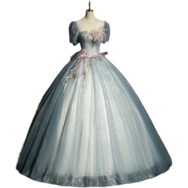 Elegant Grey Beading Pearl Lace Flower Prom Dresses 2023 Ball Gown Scoop Neck Tassel Short Sleeve Backless Floor-Length / Long Prom Formal Dresses