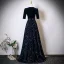 Vintage / Retro Navy Blue Sequins Mother Of The Bride Dresses 2025 A-Line / Princess High Neck Short Sleeve Floor-Length / Long