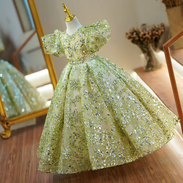 Bling Bling Vert Perlage Paillettes Anniversaire Robe Ceremonie Fille 2024 Robe Boule Encolure Dégagée Gonflée Manches Courtes Longue