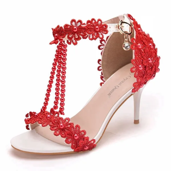 Charming Multi-Colors T-Strap Pearl Lace Flower Prom Womens Sandals 2024 7 cm Stiletto Heels Open / Peep Toe Sandals High Heels