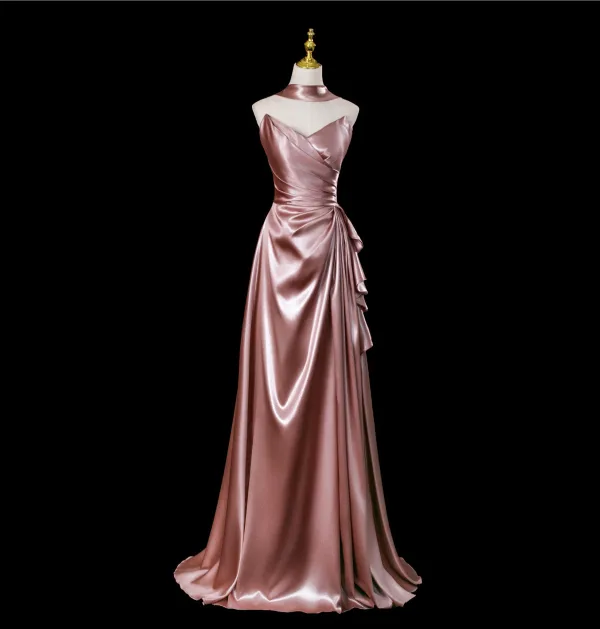 Sexy Rose Gold Satin Evening Dresses 2025 A-Line / Princess Strapless Sleeveless Backless Sweep Train Evening Party Formal Dresses