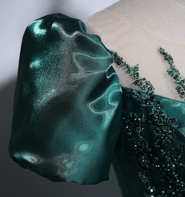 Vintage / Retro Dark Green Beading Lace Flower Prom Dresses 2024 Ball Gown Scoop Neck Puffy Short Sleeve Backless Floor-Length / Long Prom Formal Dresses