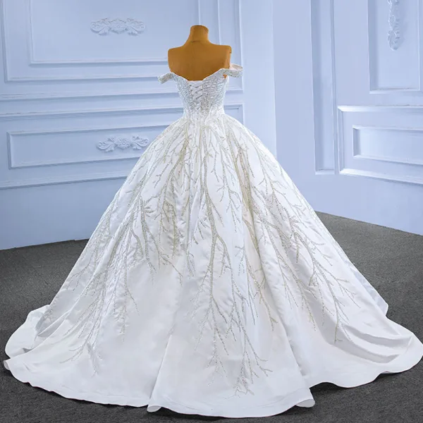 High End Weiß Perlenstickerei Pailletten Brautkleider / Hochzeitskleider 2022 Ballkleid Off Shoulder Ärmellos Rückenfreies Lange Hochzeit