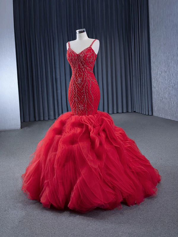 Haut de Gamme Rouge Fait main Perlage Paillettes Robe De Soirée 2024 Trompette / Sirène Bretelles Spaghetti Sans Manches Dos Nu Longue Soirée Robe De Ceremonie