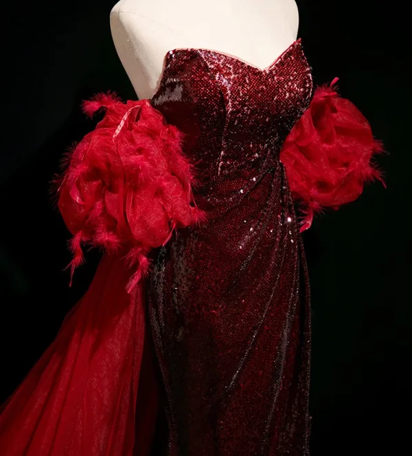 Sexy Bling Bling Burgundy Sequins Evening Dresses 2025 Trumpet / Mermaid Strapless Sleeveless Backless Floor-Length / Long Evening Party Formal Dresses