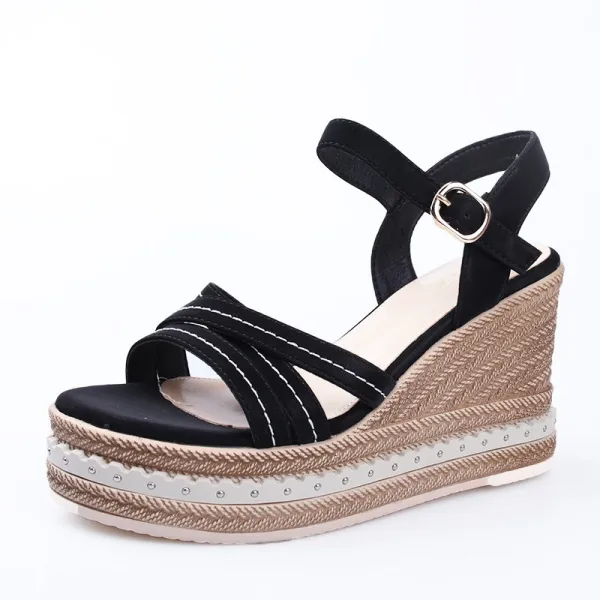 Moda Czarne Przypadkowy Warkocz Sandały Damskie 2023 Z Paskiem 9 cm Na Koturnie Peep Toe Sandały