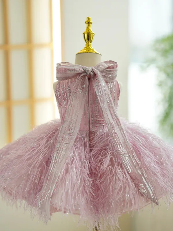 Chic / Beautiful Blushing Pink Tassel Sequins Birthday Flower Girl Dresses 2023 Ball Gown Scoop Neck Sleeveless Bow Short