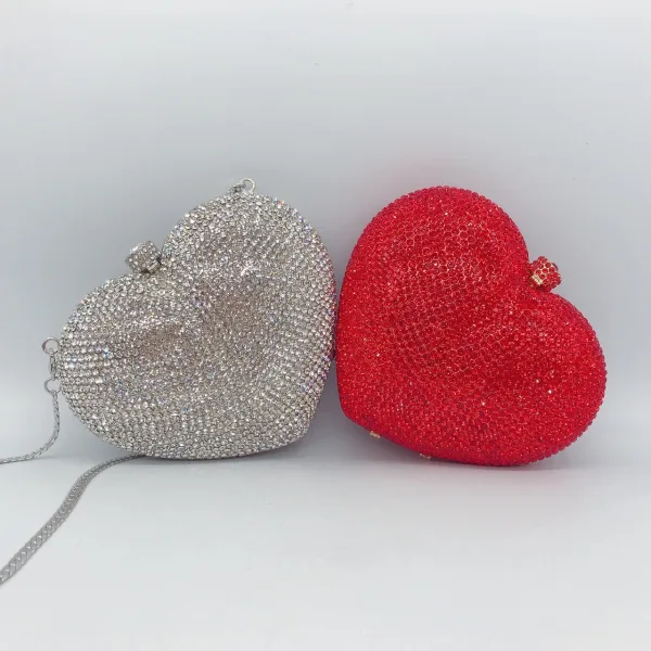 Charmant Rouge Forme de coeur Faux Diamant Pochette 2022 Métal Cocktail