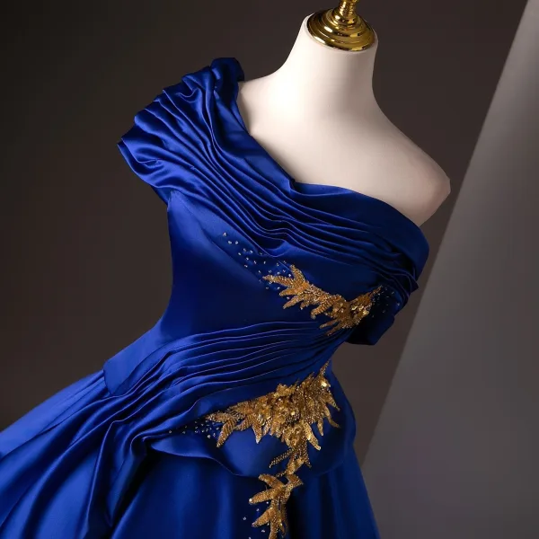 Vintage / Retro Royal Blue Beading Sequins Embroidered Prom Dresses 2025 Ball Gown One-Shoulder Short Sleeve Backless Floor-Length / Long Formal Dresses