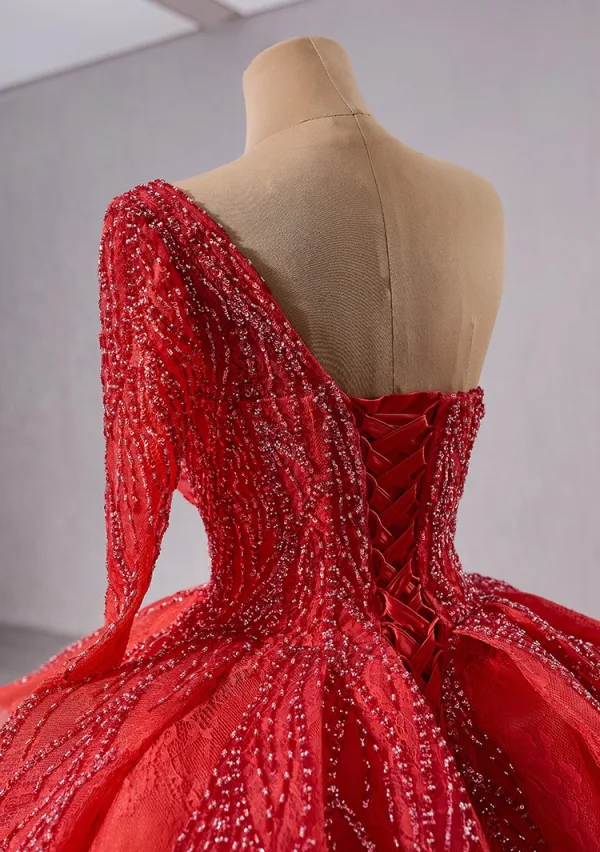 Luxe Rouge Fait main Perlage Robe De Bal 2024 Robe Boule Une épaule Manches Longues Dos Nu Train De Balayage Promo Robe De Ceremonie