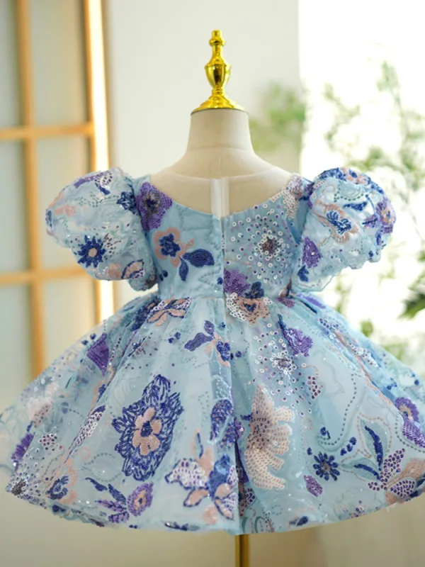 Chic / Beautiful Sky Blue Beading Pearl Sequins Short Birthday Flower Girl Dresses 2023 Ball Gown Scoop Neck Puffy Short Sleeve
