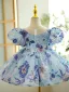 Chic / Beautiful Sky Blue Beading Pearl Sequins Short Birthday Flower Girl Dresses 2023 Ball Gown Scoop Neck Puffy Short Sleeve