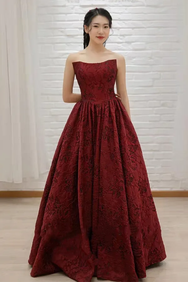 Chic Beautiful Burgundy Prom Dresses 2023 A-Line Princess Strapless Sleeveless Backless