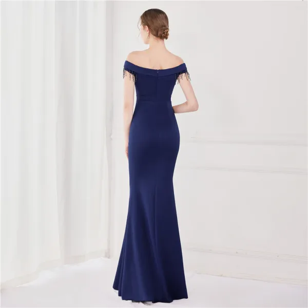 Sexy Black Satin Evening Dresses 2022 Trumpet / Mermaid Off-The-Shoulder Beading Tassel Sleeveless Backless Floor-Length / Long Evening Party Formal Dresses