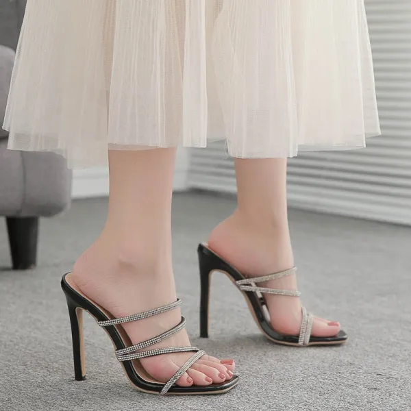 Charming Black Summer Evening Party Rhinestone Womens Sandals 2022 11 cm Stiletto Heels Open / Peep Toe Sandals High Heels