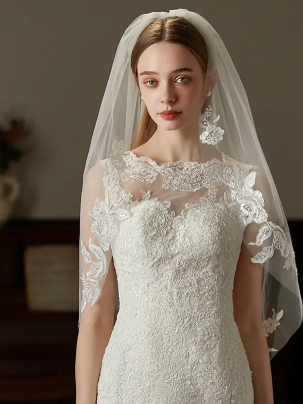 Elegant White Sequins Lace Flower 1 m Wedding Veils 2026 Tulle