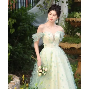 Chic Beautiful Sage Green Appliques Prom Dresses 2024 A Line Princess Off The Shoulder Short Sleeve Backless Floor Length Long Prom Formal Dresses