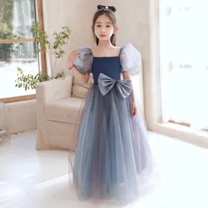 Elegant Navy Blue Sequins Prom Flower Girl Dresses 2022 A Line Princess Square Neckline Puffy Short Sleeve Bow Backless Floor Length Long Flower Girl Dresses