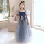 Élégant Bleu Marine Paillettes Promo Robe Ceremonie Fille 2022 Princesse Encolure Carrée Gonflée Manches Courtes Noeud Dos Nu Longue Robe Ceremonie Fille