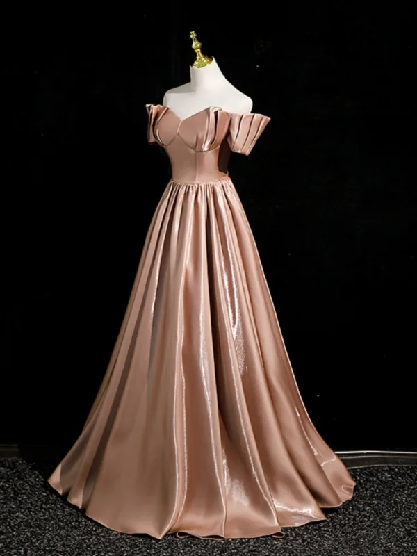 Elegant Khaki Ruffle Satin Prom Dresses 2023 A-Line / Princess Off-The-Shoulder Short Sleeve Backless Floor-Length / Long Prom Formal Dresses