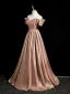Elegant Khaki Ruffle Satin Prom Dresses 2023 A-Line / Princess Off-The-Shoulder Short Sleeve Backless Floor-Length / Long Prom Formal Dresses