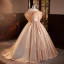 Modest  Champagne Pearl Lace Flower Satin Prom Dresses 2023 Ball Gown Off-The-Shoulder Short Sleeve Backless Sweep Train Prom Formal Dresses