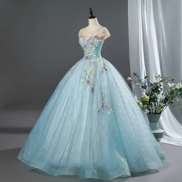 Eterisk Himmelsblå Beading Appliqués Balklänningar 2026 Balklänning Urringning Holkärm Halterneck