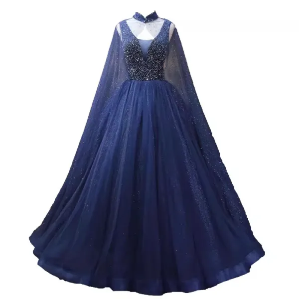 High-end Vintage / Retro Navy Blue Beading Sequins Prom Dresses 2024 Ball Gown High Neck Sleeveless Backless Floor-Length / Long Formal Dresses