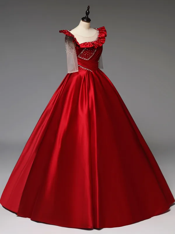 Vintage / Retro Red Rhinestone Prom Dresses 2025 Ball Gown Scoop Neck 1/2 Sleeves Backless Floor-Length / Long Formal Dresses