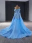 High-end Pool Blue Handmade  Beading Sequins Prom Dresses 2024 Ball Gown Off-The-Shoulder Long Sleeve Backless Court Train Prom Formal Dresses