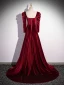 Elegant Burgundy Velvet Prom Dresses 2024 A-Line / Princess Square Neckline Long Sleeve Backless Sweep Train Prom Formal Dresses