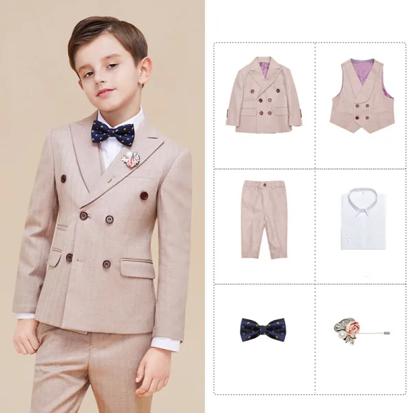 Fashion Beige Long Sleeve Boys Wedding Suits 2022 Coat Pants Shirt Tie Wedding