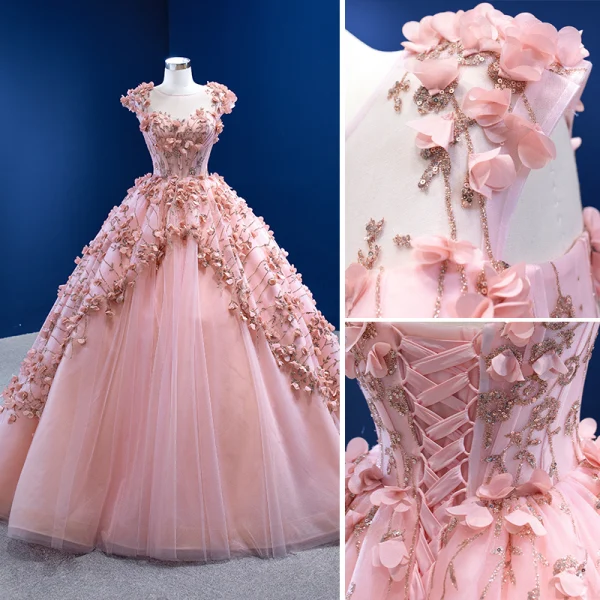 Fabulous Candy Pink Handmade  Beading Appliques Prom Dresses 2022 Ball Gown Scoop Neck Sequins Sleeveless Backless Floor-Length / Long Prom Formal Dresses